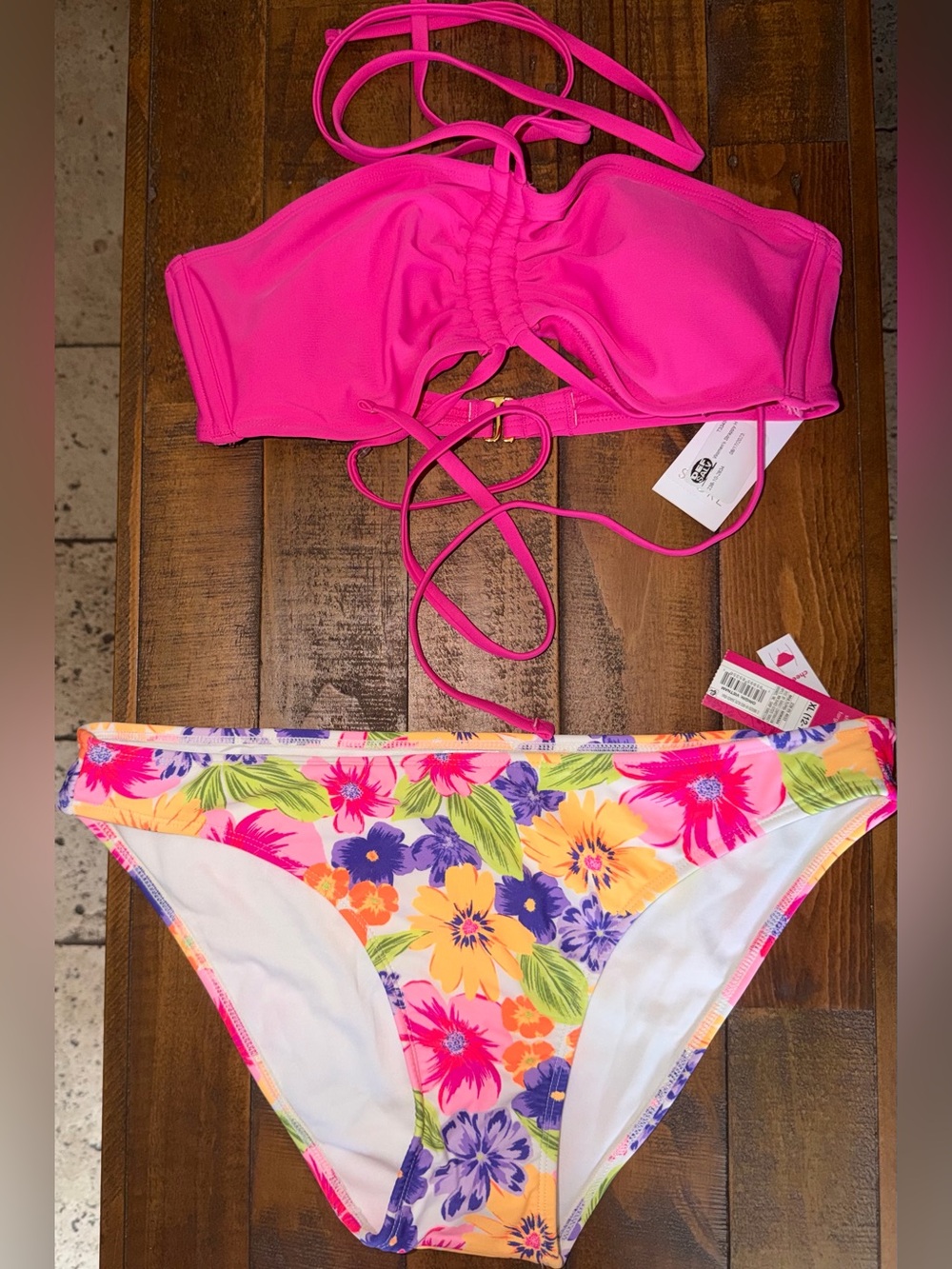 Two-Piece Swim Set - Hot Pink Top with Floral Bikini Bottom